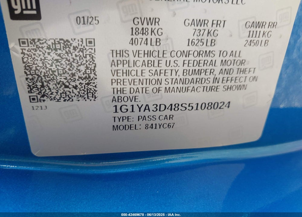 2025 CHEVROLET CORVETTE STINGRAY VIN: 1G1YA3D48S5108024