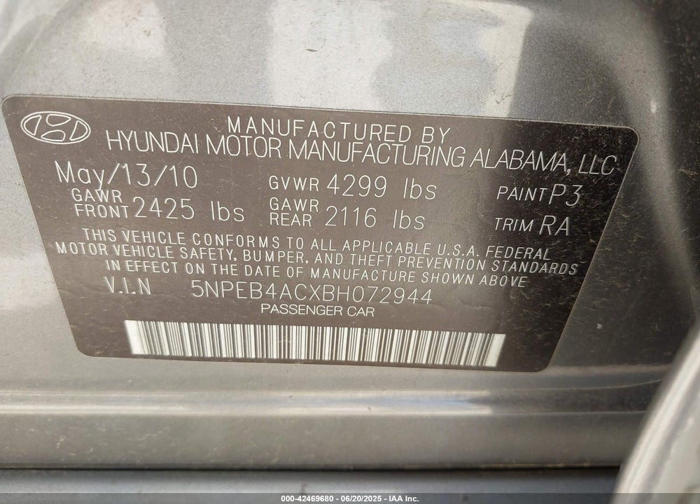 2011 HYUNDAI SONATA GLS VIN: 5NPEB4ACXBH072944