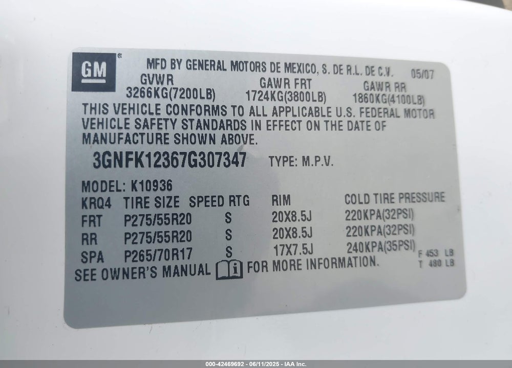 2007 CHEVROLET AVALANCHE 1500 VIN: 3GNFK12367G307347