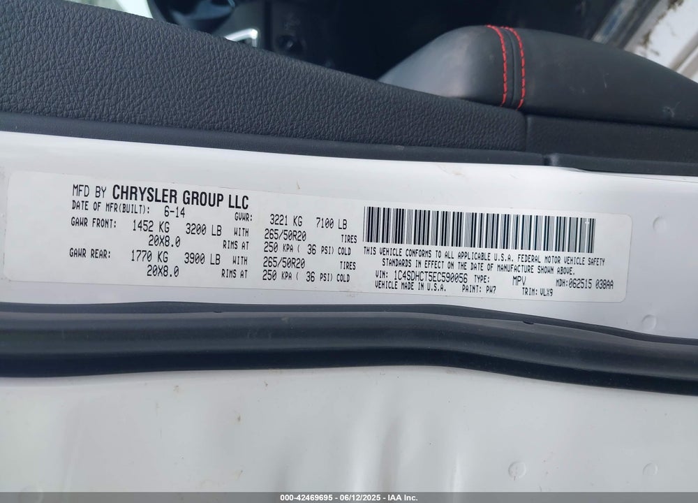 2014 DODGE DURANGO VIN: 1C4SDHCT5EC590056