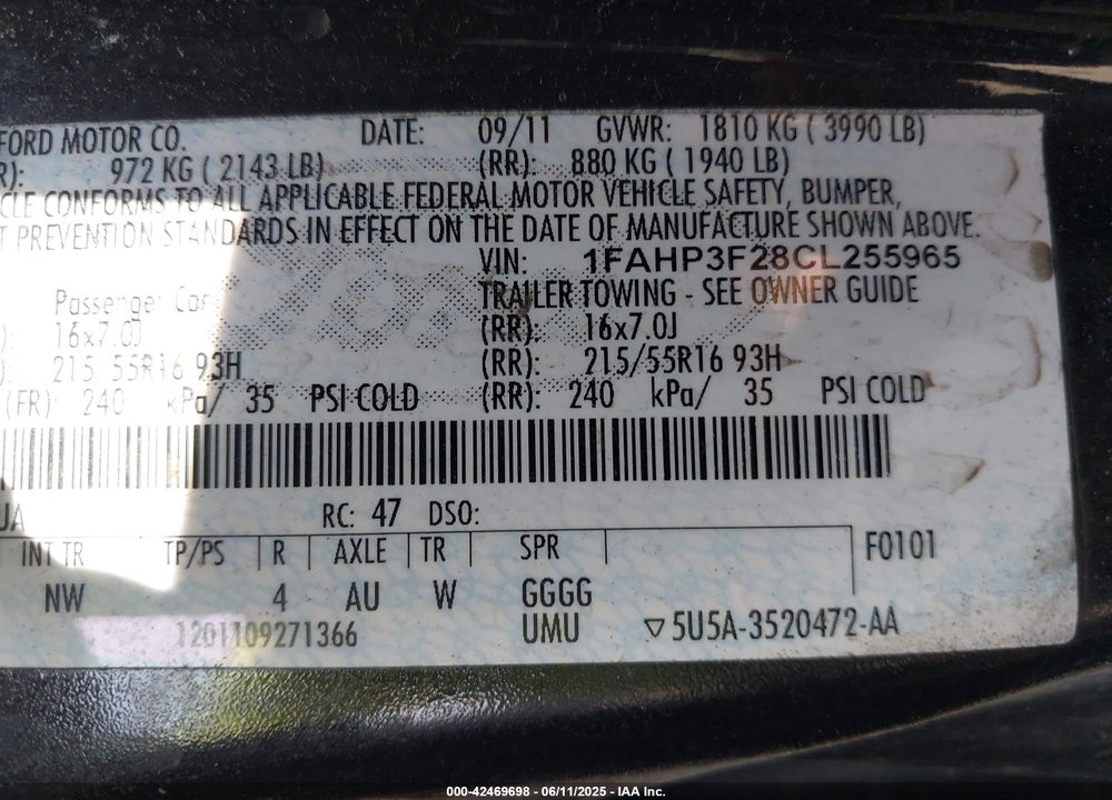 2012 FORD FOCUS VIN: 1FAHP3F28CL255965