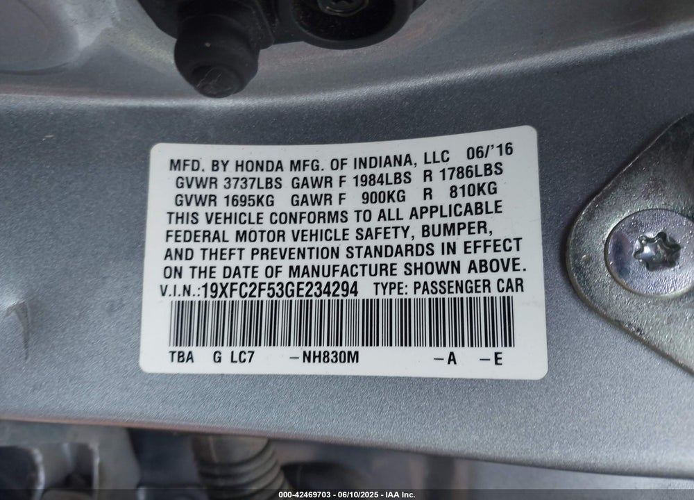 2016 HONDA CIVIC LX VIN: 19XFC2F53GE234294