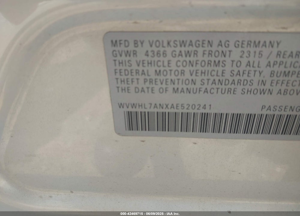 2010 VOLKSWAGEN CC LUXURY VIN: WVWHL7ANXAE520241
