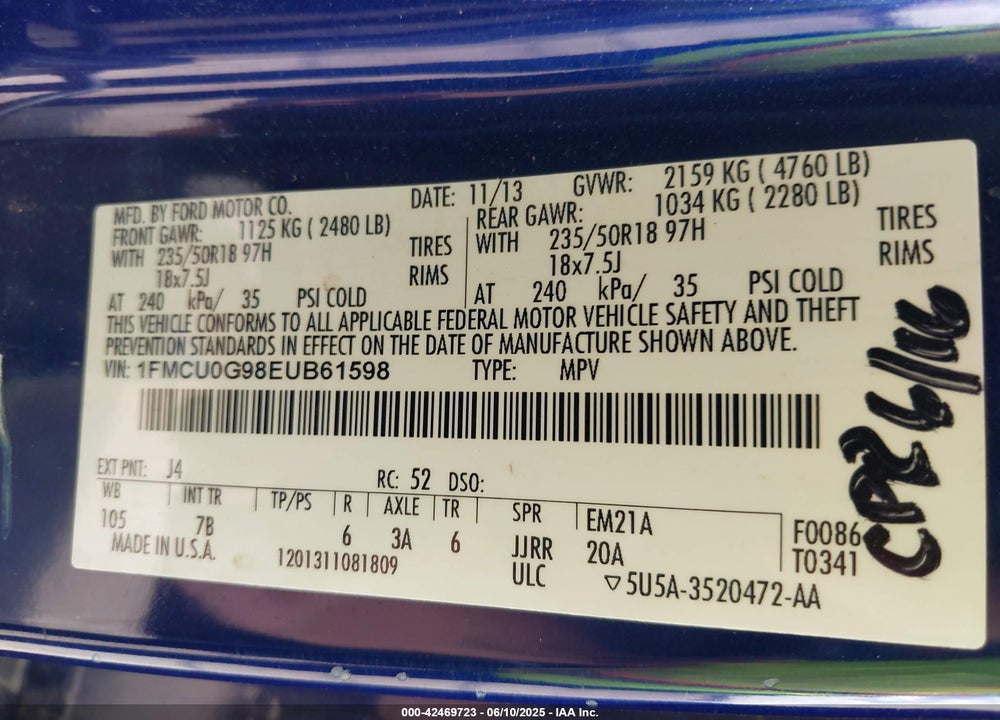 2014 FORD ESCAPE VIN: 1FMCU0G98EUB61598