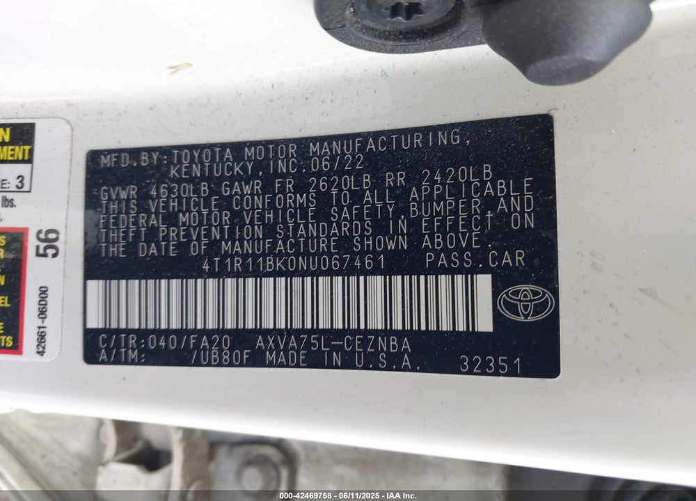 2022 TOYOTA CAMRY LE AWD VIN: 4T1R11BK0NU067461