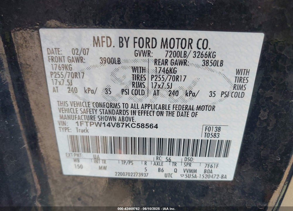 2007 FORD F-150 VIN: 1FTPW14V87KC58564