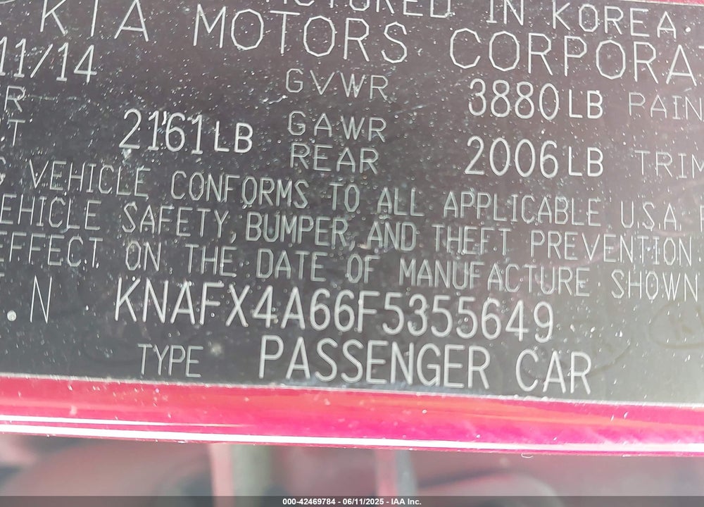 2015 KIA FORTE VIN: KNAFX4A66F5355649