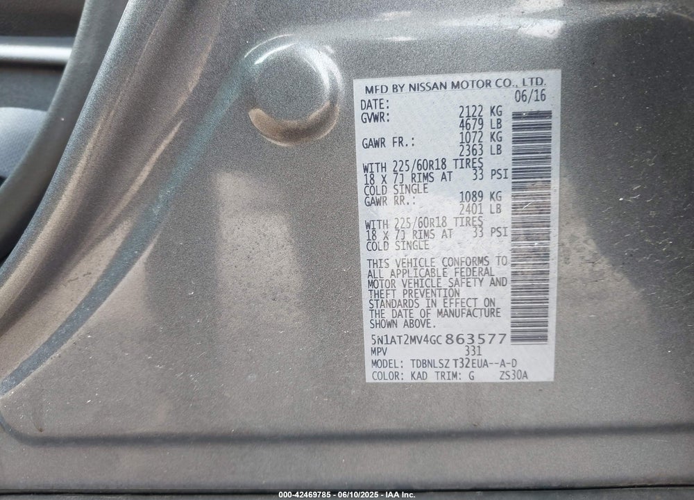 2016 NISSAN ROGUE VIN: 5N1AT2MV4GC863577