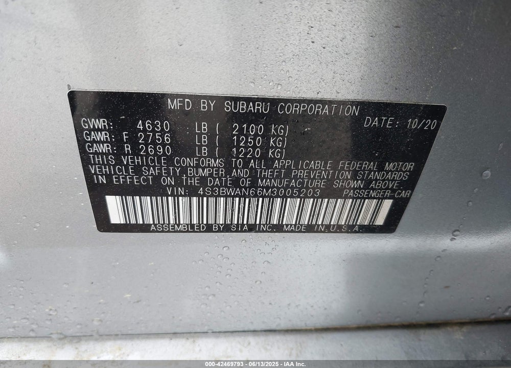 2021 SUBARU LEGACY VIN: 4S3BWAN66M3005203