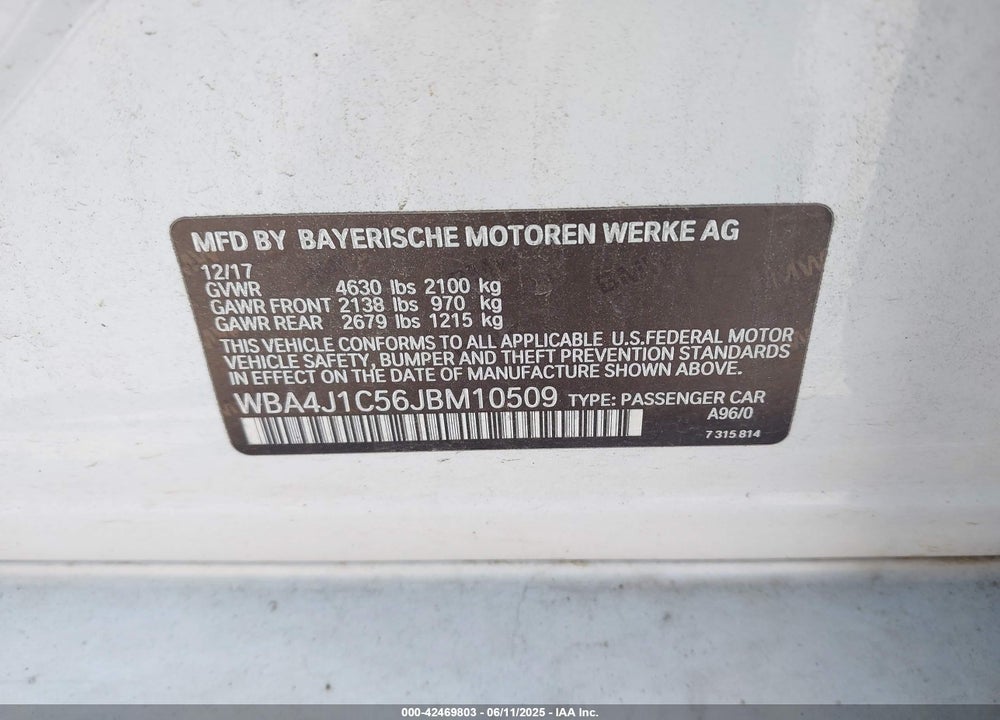 2018 BMW 430I GRAN COUPE VIN: WBA4J1C56JBM10509