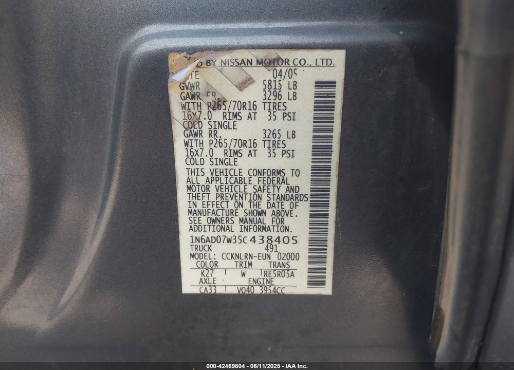 2005 NISSAN FRONTIER SE VIN: 1N6AD07W35C438405