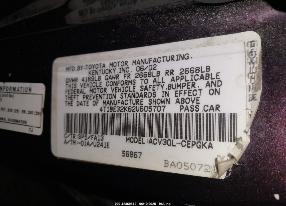 2002 TOYOTA CAMRY XLE VIN: 4T1BE32K62U605707