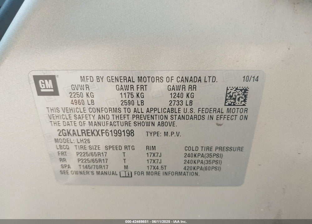 2015 GMC TERRAIN VIN: 2GKALREKXF6199198