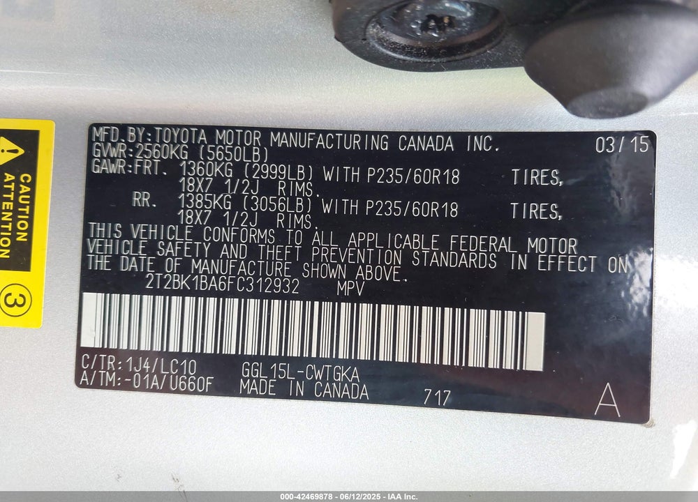 2015 LEXUS RX 350 VIN: 2T2BK1BA6FC312932