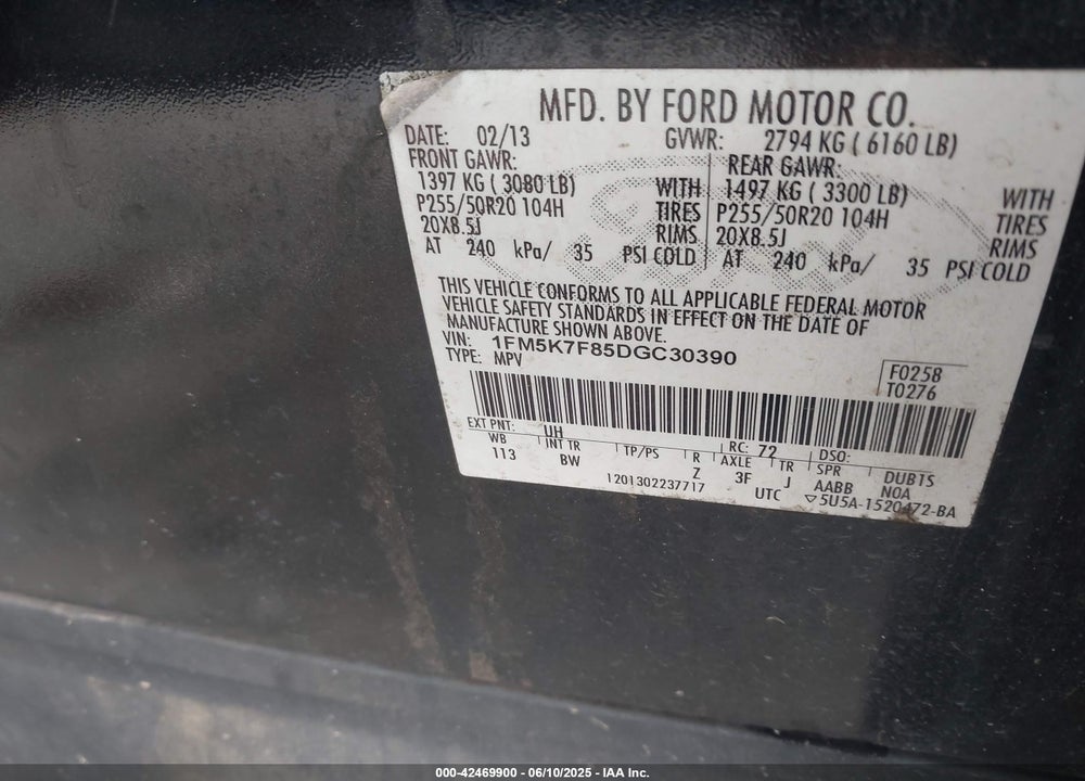 2013 FORD EXPLORER LIMITED VIN: 1FM5K7F85DGC30390