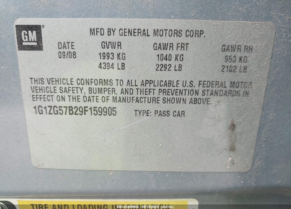 2009 CHEVROLET MALIBU LS VIN: 1G1ZG57B29F159905