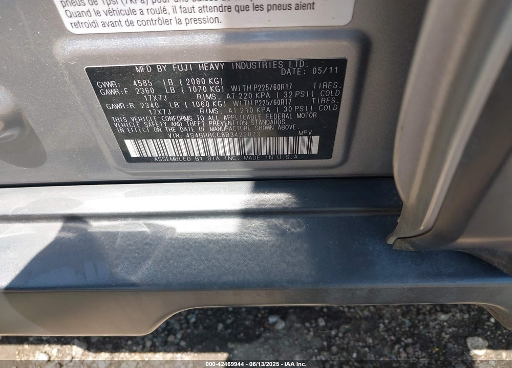 2011 SUBARU OUTBACK VIN: 4S4BRBCC8B3422823