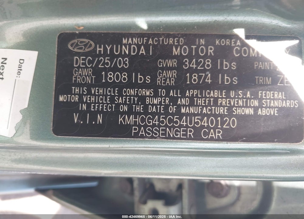 2004 HYUNDAI ACCENT GL VIN: KMHCG45C54U540120