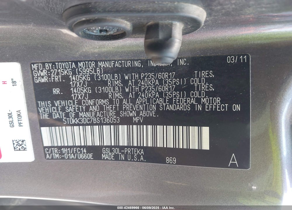 2011 TOYOTA SIENNA LE V6 VIN: 5TDKK3DC7BS136053