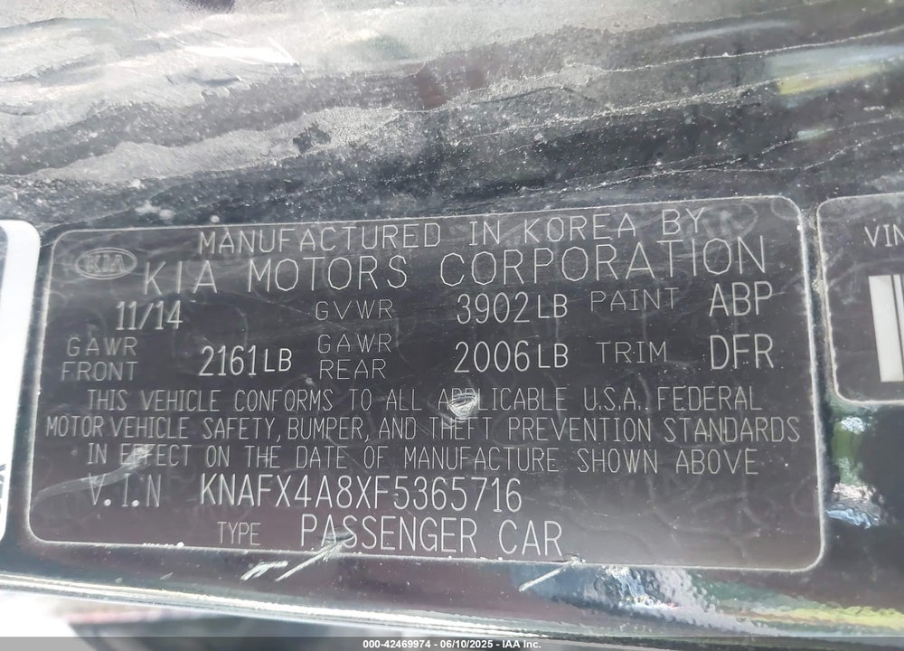 2015 KIA FORTE VIN: KNAFX4A8XF5365716