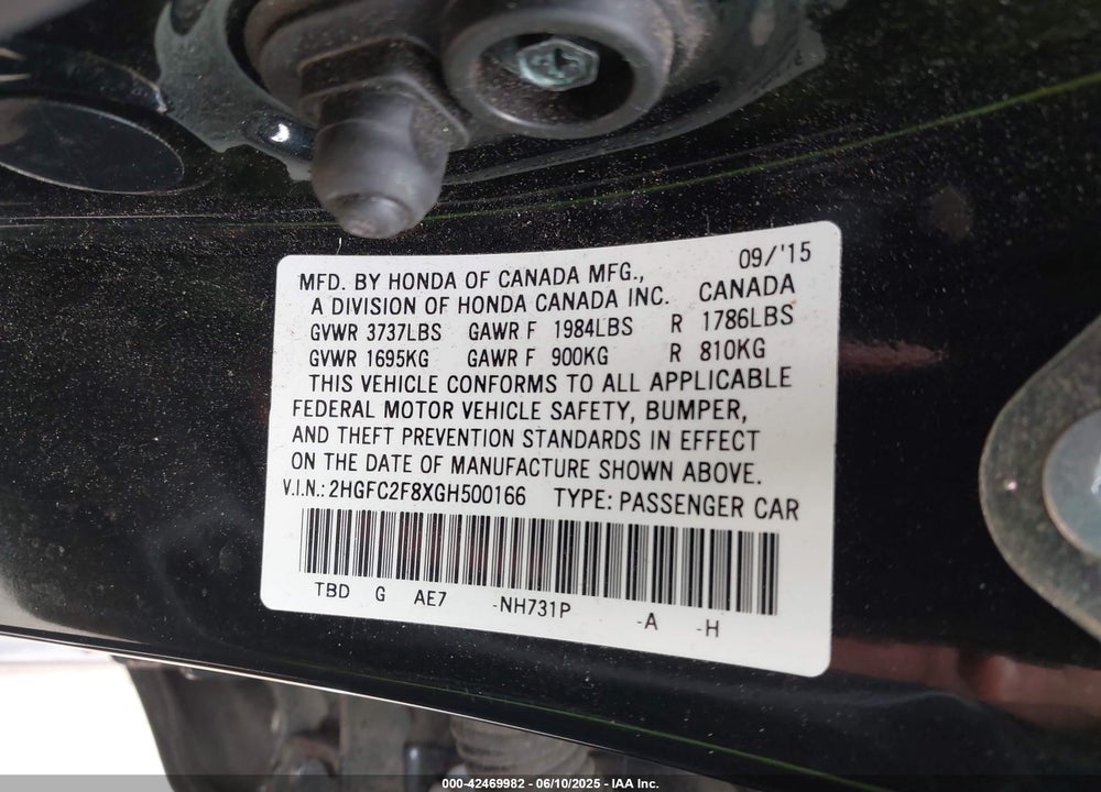 2016 HONDA CIVIC VIN: 2HGFC2F8XGH500166