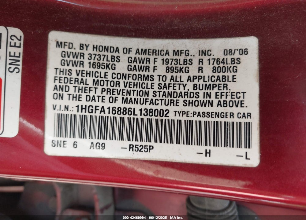 2006 HONDA CIVIC VIN: 1HGFA16886L138002