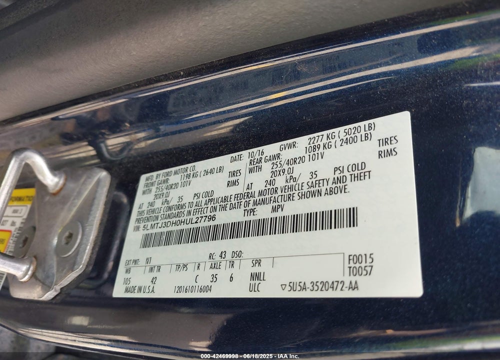 2017 LINCOLN MKC VIN: 5LMTJ3DH0HUL27796