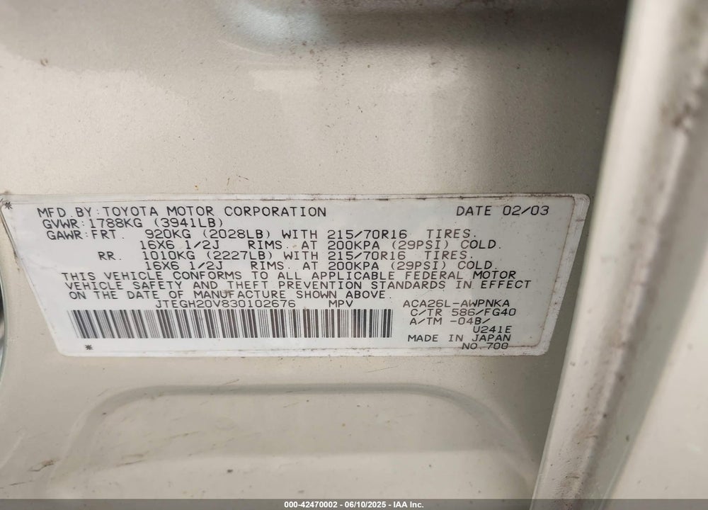 2003 TOYOTA RAV4 VIN: JTEGH20V830102676