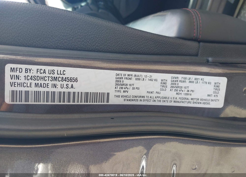 2021 DODGE DURANGO VIN: 1C4SDHCT3MC845656
