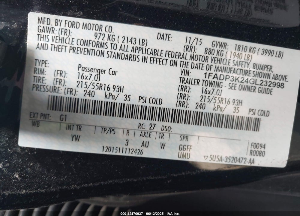 2016 FORD FOCUS VIN: 1FADP3K24GL232998