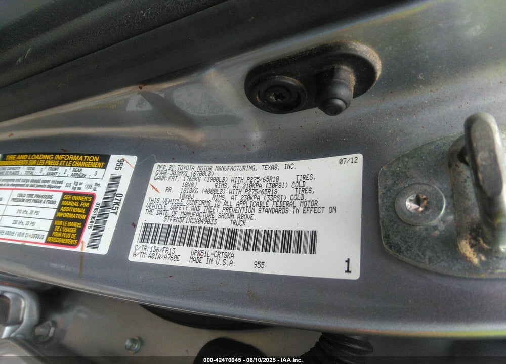 2012 TOYOTA TUNDRA VIN: 5TFRM5F1XCX049033