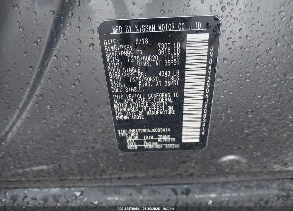 2018 NISSAN ARMADA VIN: JN8AY2ND5JX003414