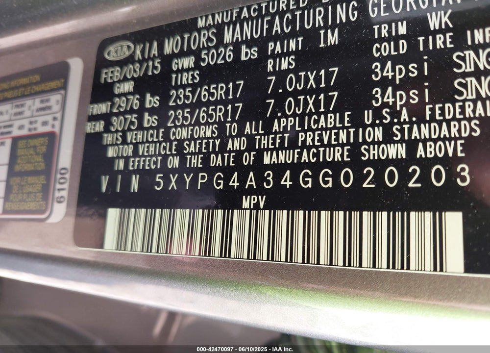 2016 KIA SORENTO VIN: 5XYPG4A34GG020203