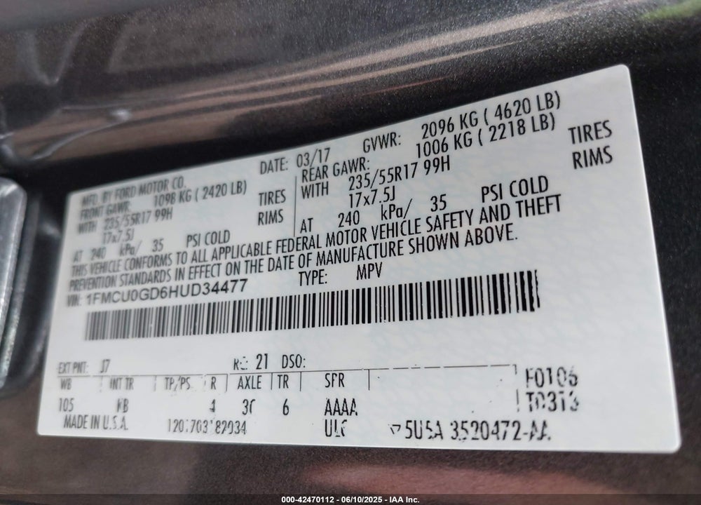 2017 FORD ESCAPE VIN: 1FMCU0GD6HUD34477