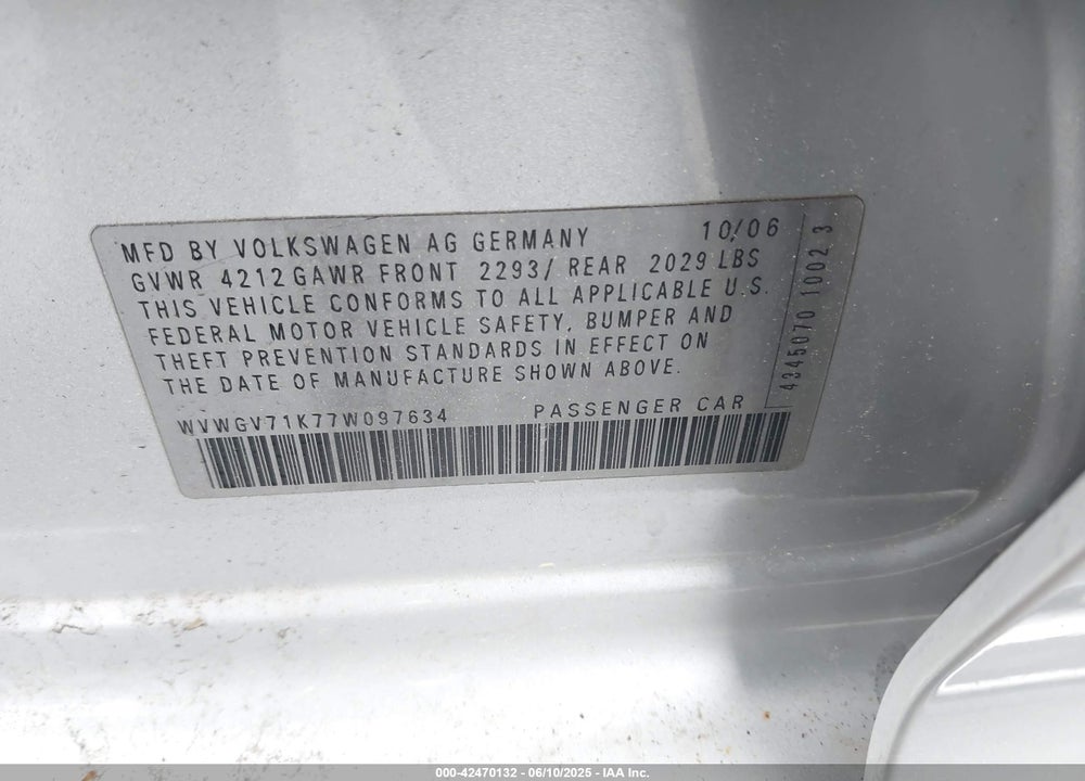 2007 VOLKSWAGEN GTI 4-DOOR VIN: WVWGV71K77W097634