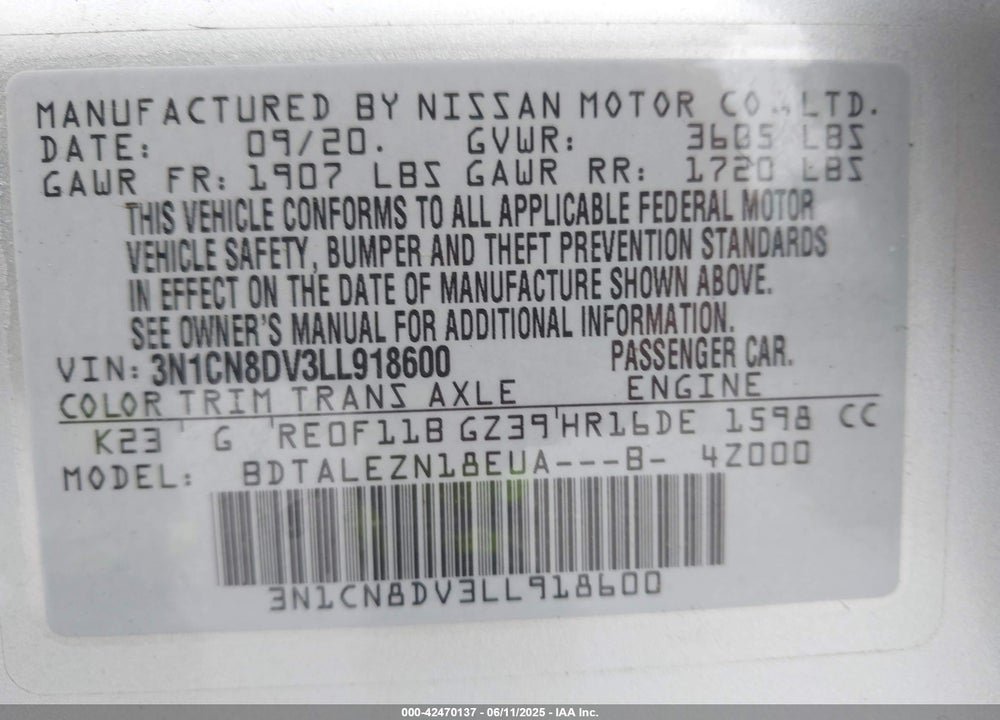 2020 NISSAN VERSA S XTRONIC CVT VIN: 3N1CN8DV3LL918600
