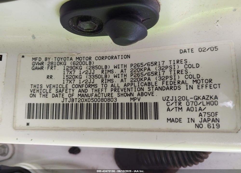2005 LEXUS GX 470 VIN: JTJBT20X050080803
