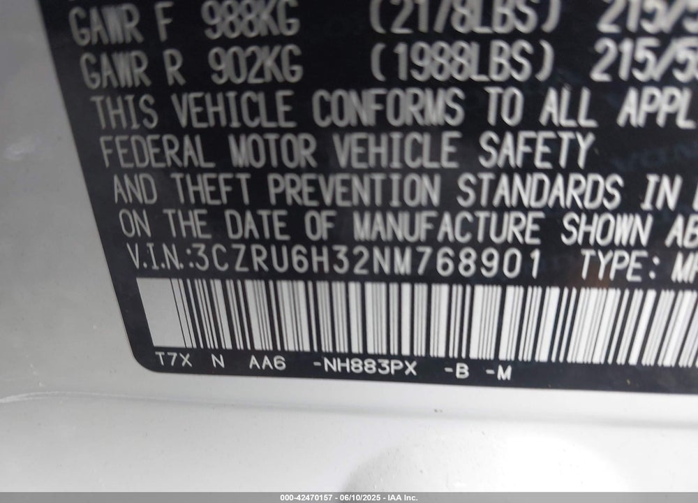 2022 HONDA HR-V VIN: 3CZRU6H32NM768901