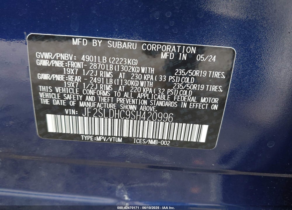 2025 SUBARU FORESTER VIN: JF2SLDHC9SH420996