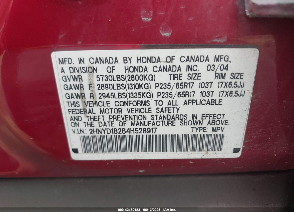 2004 ACURA MDX VIN: 2HNYD18284H528917