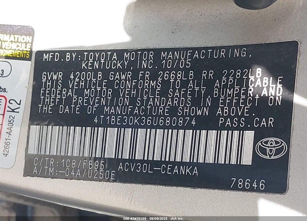 2006 TOYOTA CAMRY VIN: 4T1BE30K36U680874