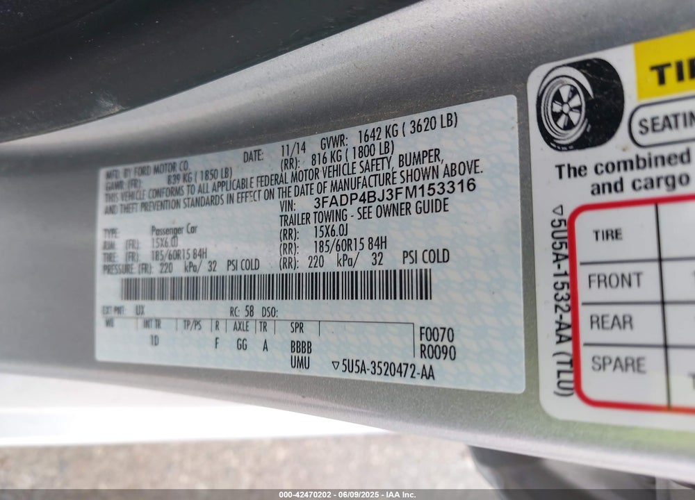 2015 FORD FIESTA VIN: 3FADP4BJ3FM153316