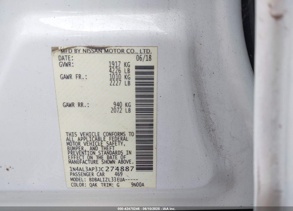 2018 NISSAN ALTIMA 2.5 SV VIN: 1N4AL3AP3JC274887