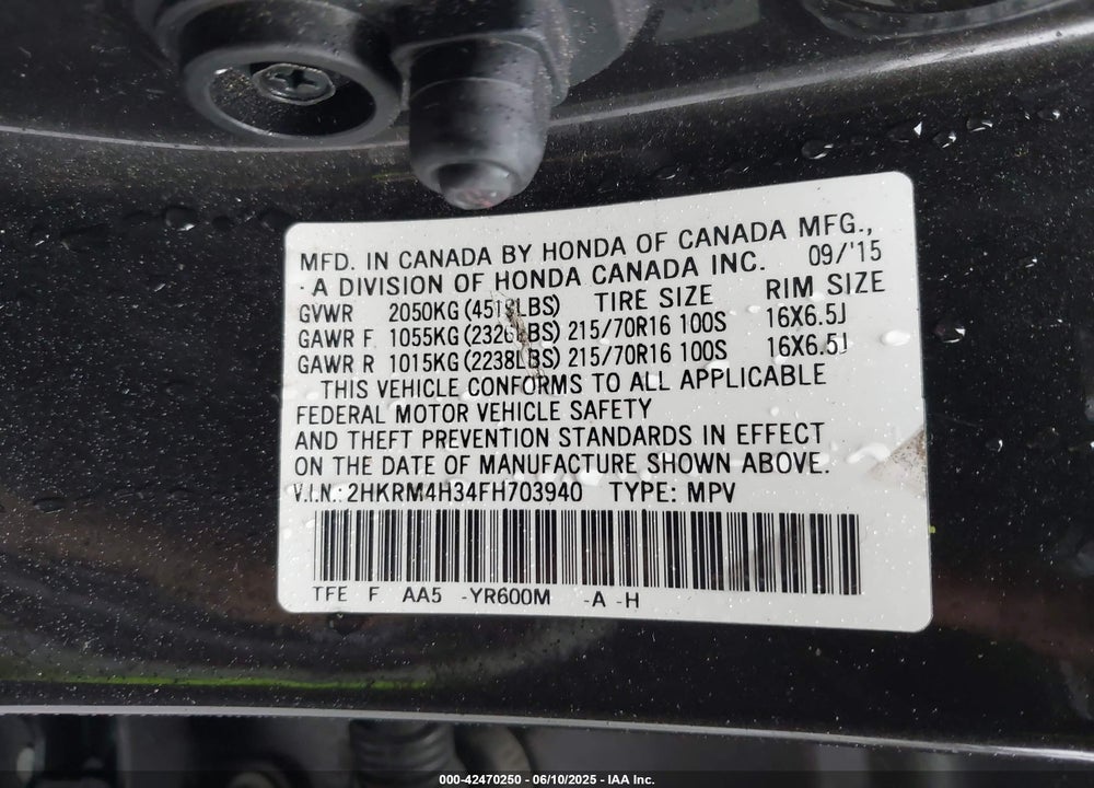 2015 HONDA CR-V VIN: 2HKRM4H34FH703940