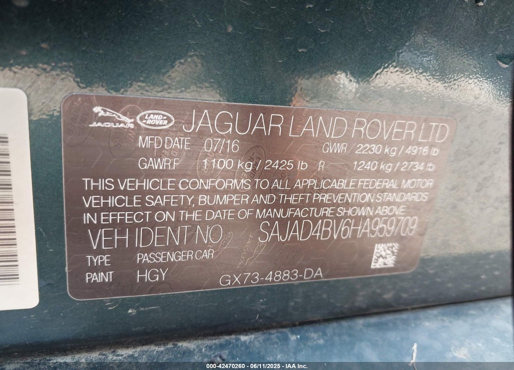 2017 JAGUAR XE VIN: SAJAD4BV6HA959709