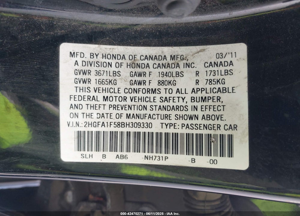 2011 HONDA CIVIC VIN: 2HGFA1F58BH309330