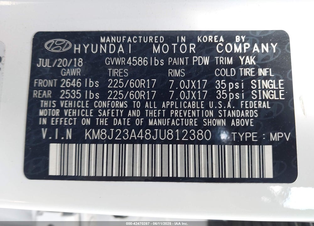 2018 HYUNDAI TUCSON SE VIN: KM8J23A48JU812380