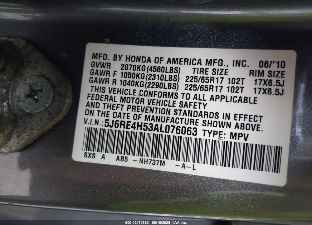 2010 HONDA CR-V EX VIN: 5J6RE4H53AL076063