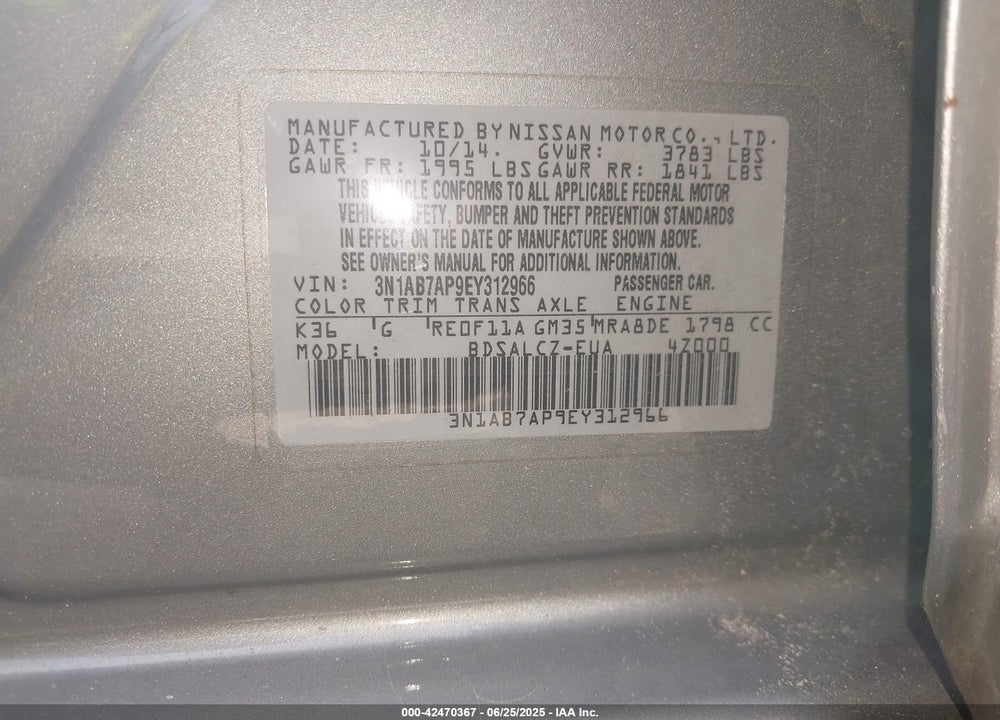 2014 NISSAN SENTRA VIN: 3N1AB7AP9EY312966