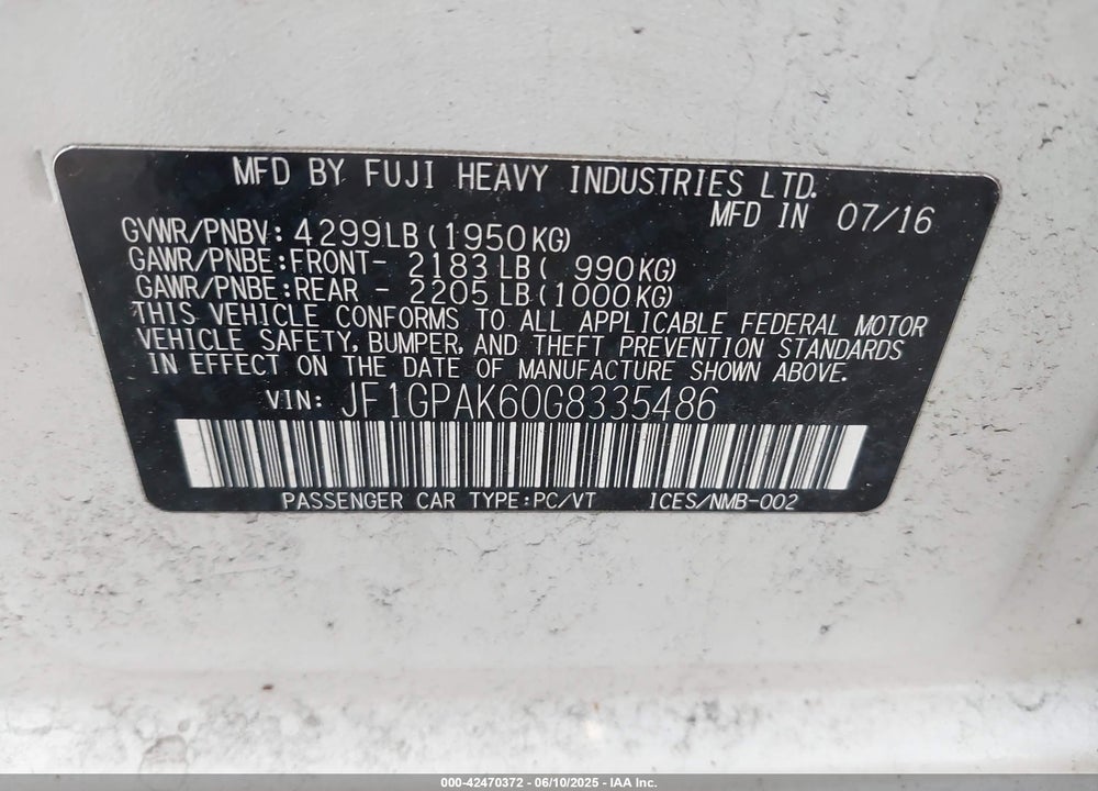 2016 SUBARU IMPREZA 2.0I LIMITED VIN: JF1GPAK60G8335486